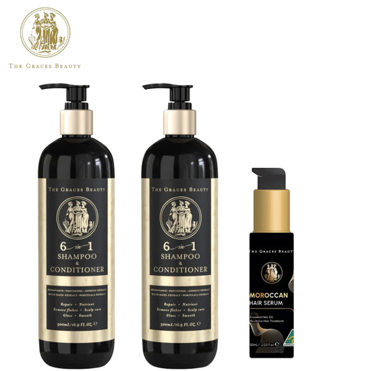 THE GRACE BEAUTY 6 in 1 Shampoo & Conditioner 500ml *2pcs + Moroccan Hair Serum 50mL
